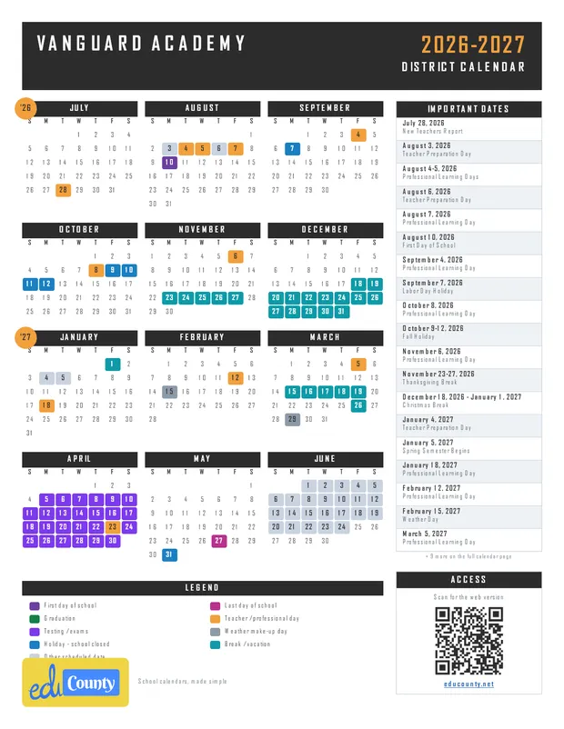Vanguard Academy printable 2026-27 calendar