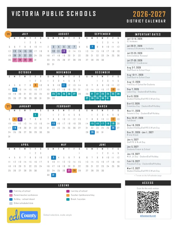 Victoria Public Schools printable 2026-27 calendar