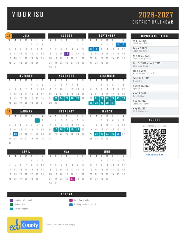 Vidor ISD printable 2026-27 calendar