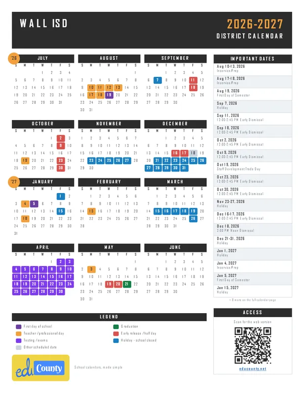 Wall ISD printable 2026-27 calendar