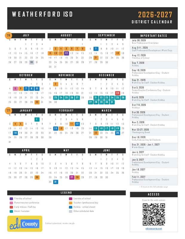 Weatherford ISD printable 2026-27 calendar
