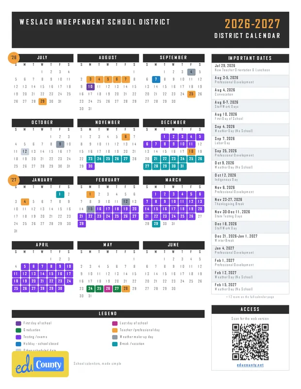 Weslaco Independent School District printable 2026-27 calendar