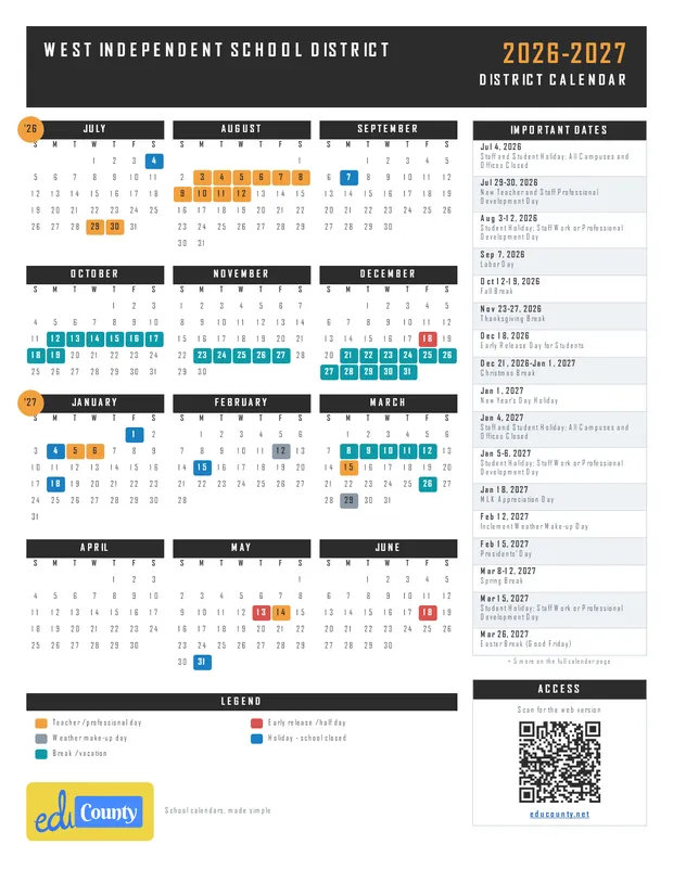 West Independent School District printable 2026-27 calendar