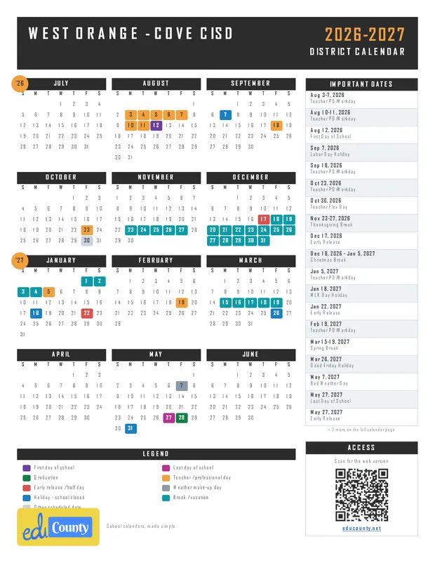 West Orange - Cove CISD printable 2026-27 calendar