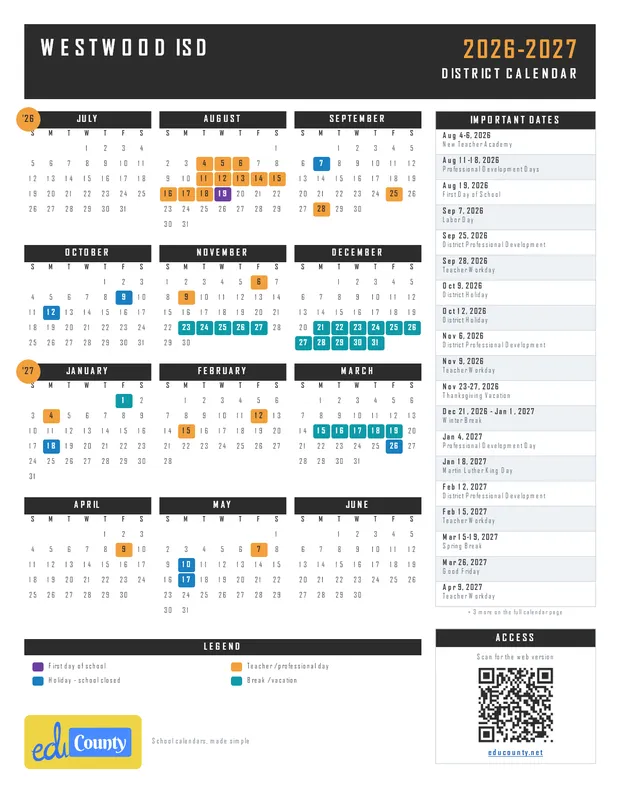 Westwood ISD printable 2026-27 calendar