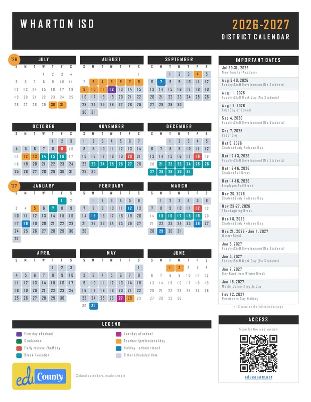 Wharton ISD printable 2026-27 calendar