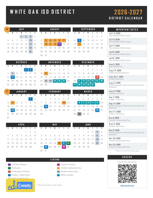 White Oak ISD DISTRICT printable 2026-27 calendar