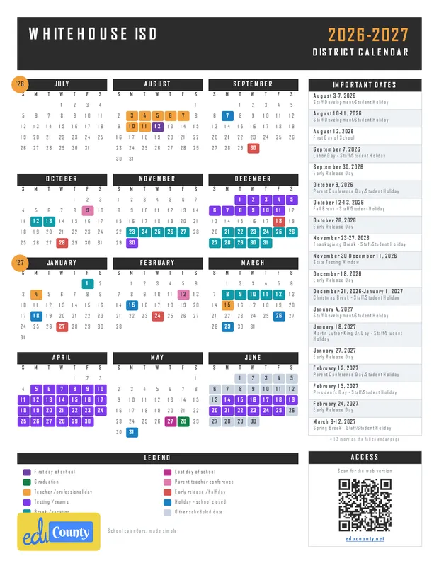 Whitehouse ISD printable 2026-27 calendar