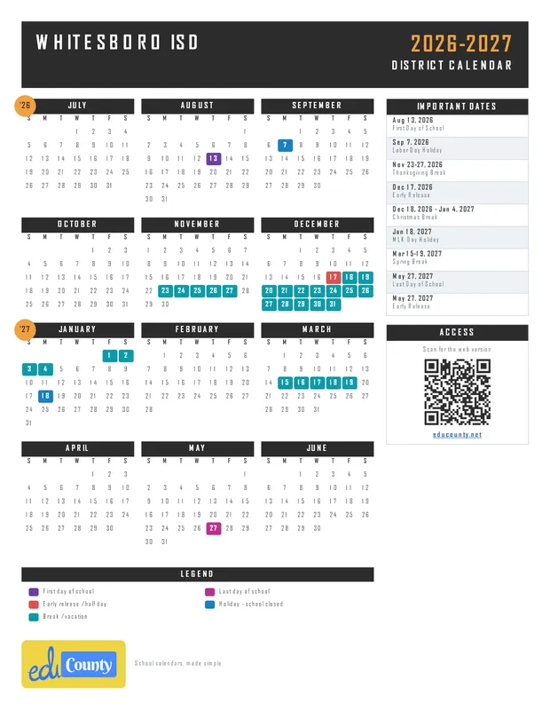 Whitesboro ISD printable 2026-27 calendar