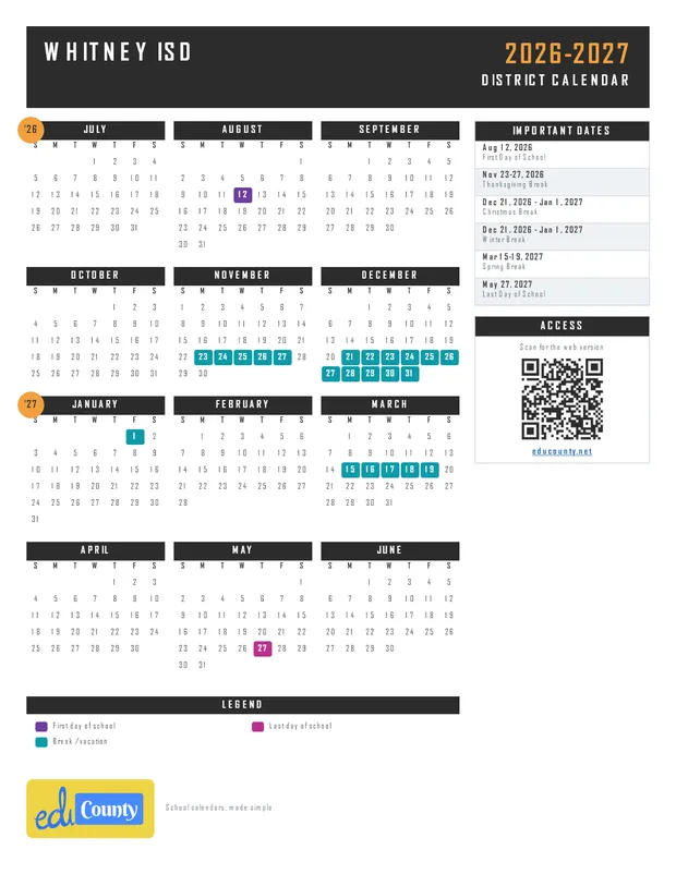 Whitney Isd printable 2026-27 calendar