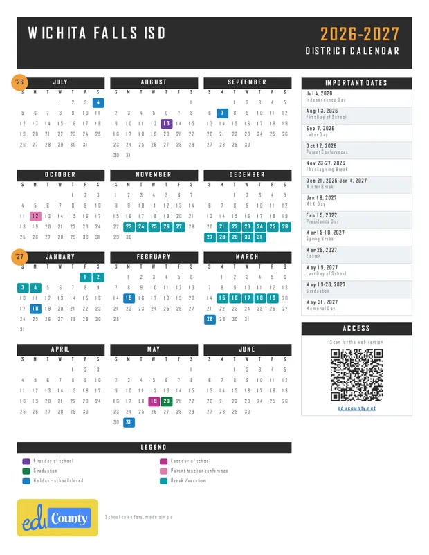 Wichita Falls ISD printable 2026-27 calendar