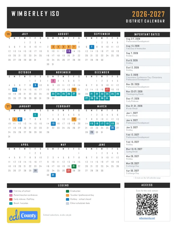 Wimberley ISD printable 2026-27 calendar