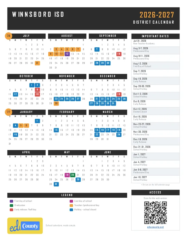Winnsboro ISD printable 2026-27 calendar