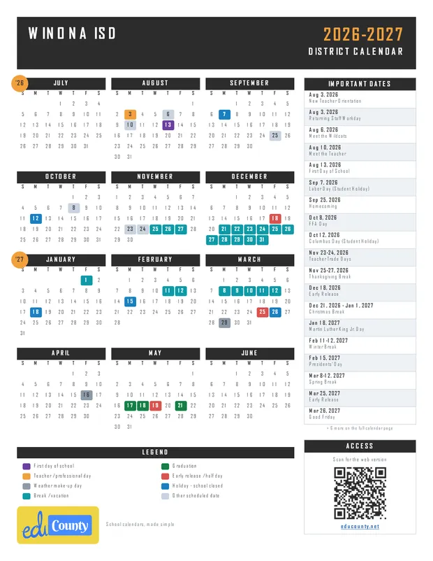 Winona ISD printable 2026-27 calendar