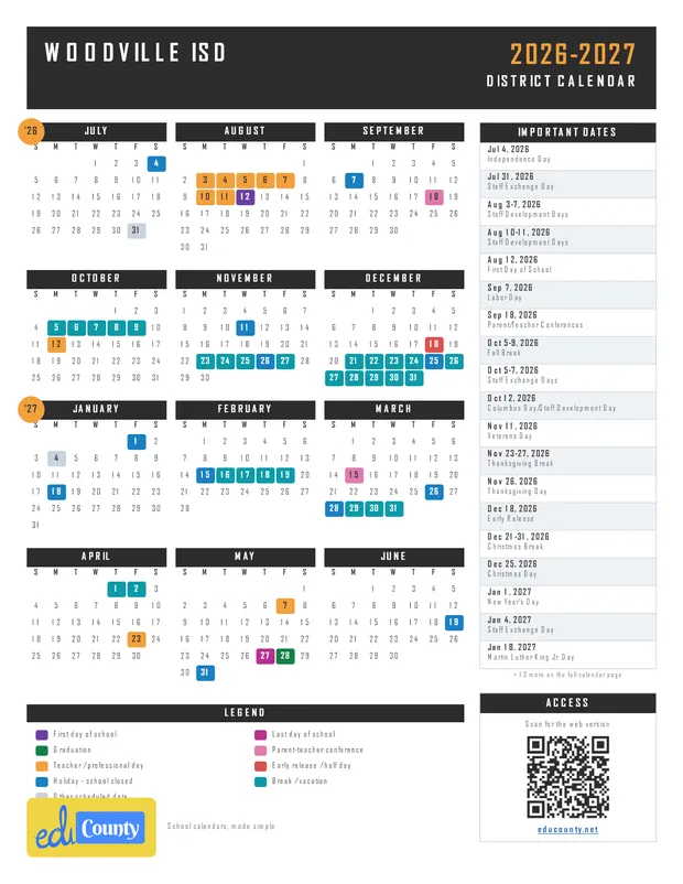 Woodville ISD printable 2026-27 calendar