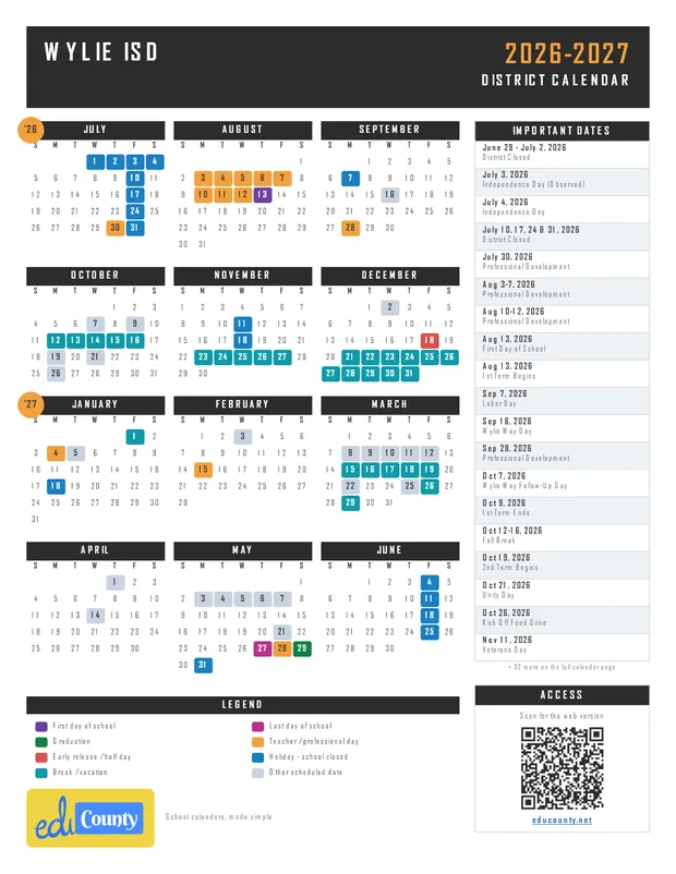 Wylie ISD Independent School District printable 2026-27 calendar