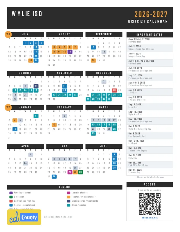 Wylie ISD printable 2026-27 calendar