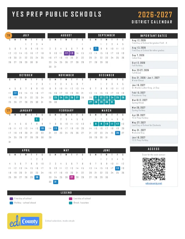 YES Prep Public Schools printable 2026-27 calendar
