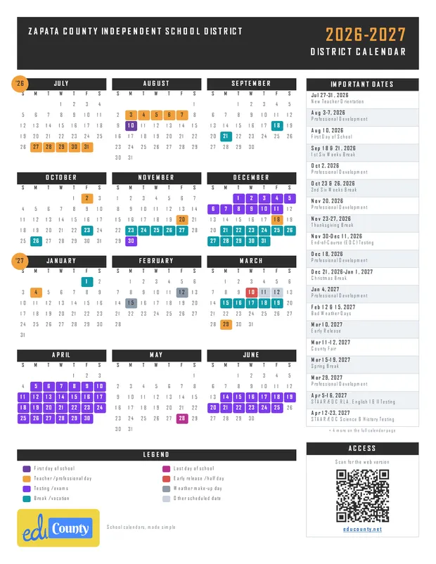 Zapata County Independent School District printable 2026-27 calendar