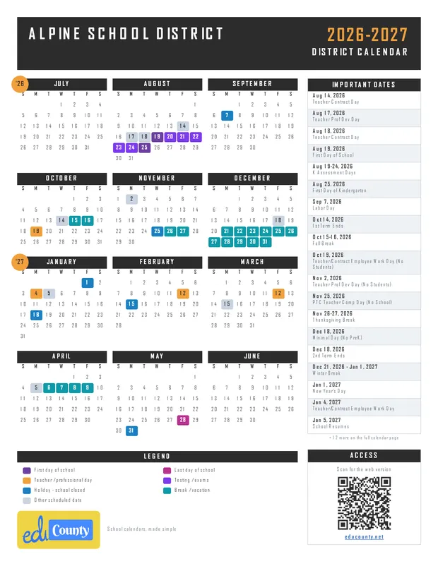 Alpine School District printable 2026-27 calendar