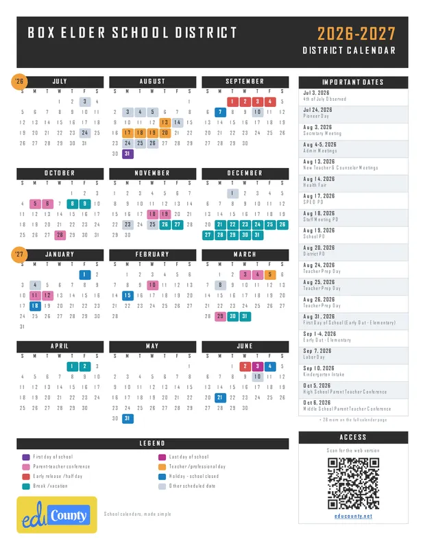 Box Elder School District printable 2026-27 calendar