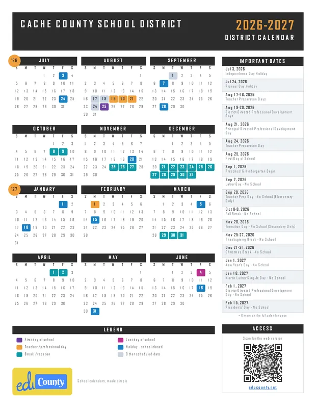 Cache County School District printable 2026-27 calendar