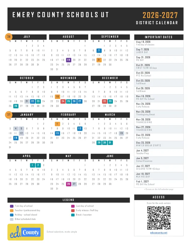 Emery County Schools printable 2026-27 calendar