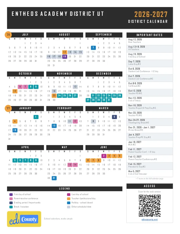 ENTHEOS ACADEMY DISTRICT printable 2026-27 calendar