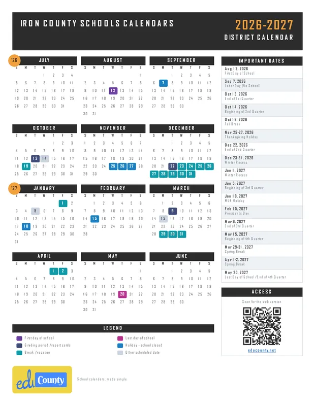 Iron County Schools Calendars printable 2026-27 calendar
