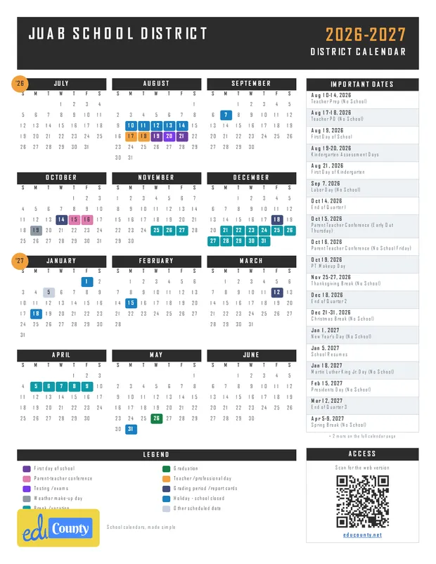 Juab School District printable 2026-27 calendar