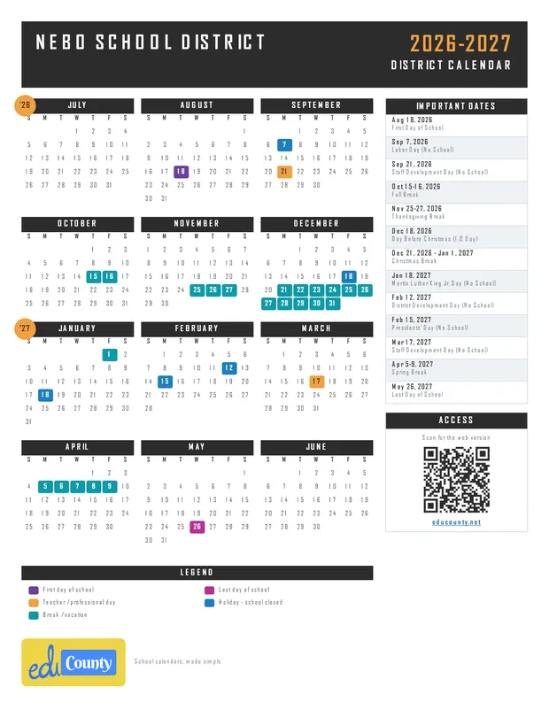 Nebo School District printable 2026-27 calendar