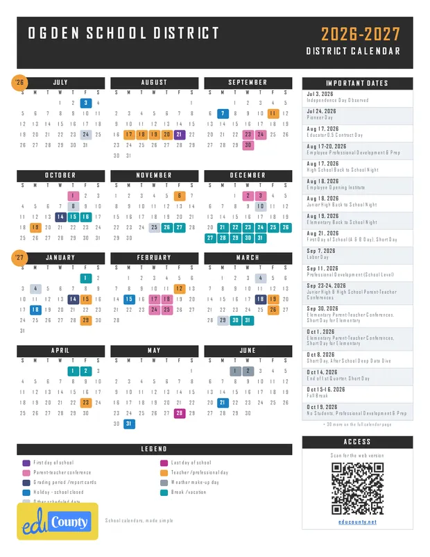 Ogden School District printable 2026-27 calendar
