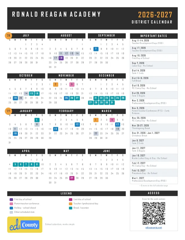 Ronald Reagan Academy printable 2026-27 calendar