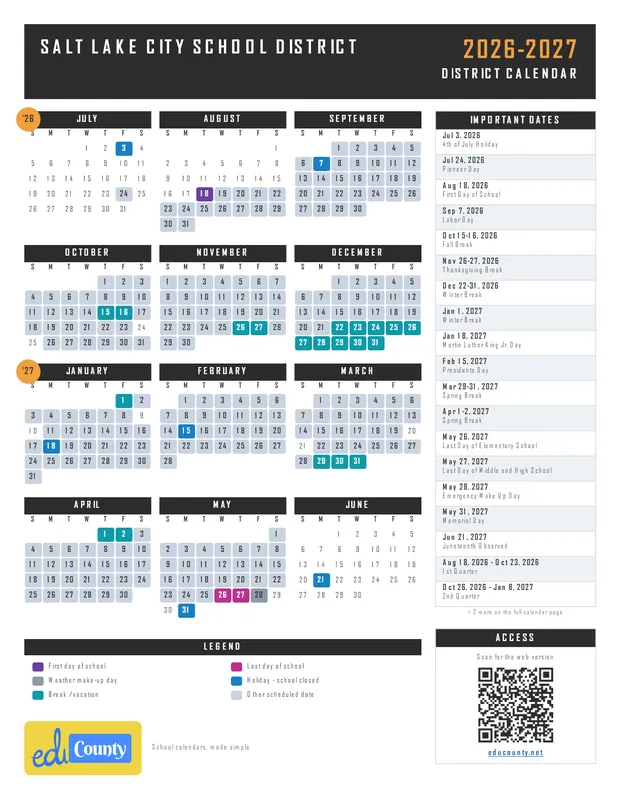 Salt Lake City School District printable 2026-27 calendar