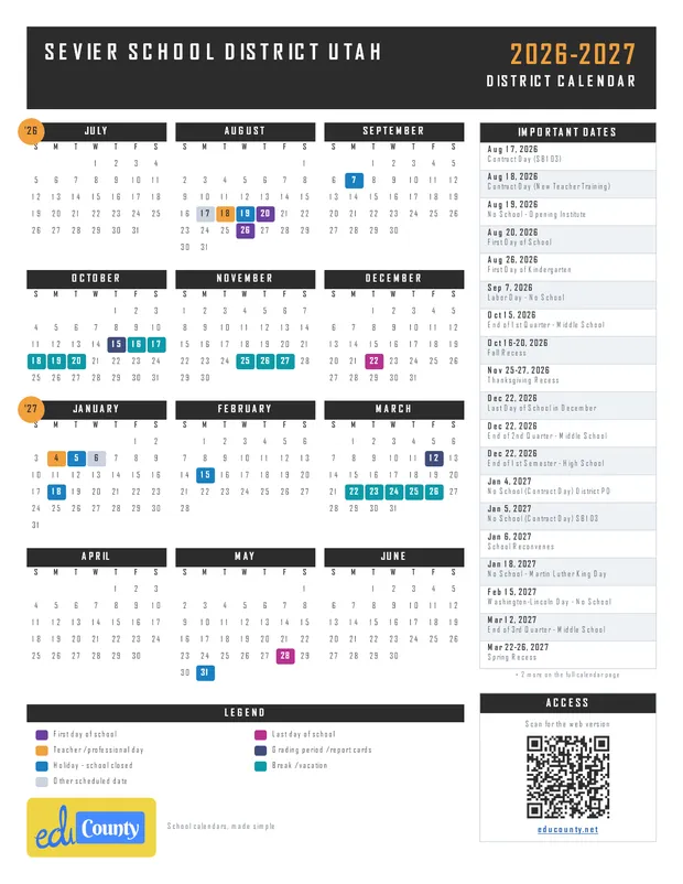 Sevier School District utah printable 2026-27 calendar