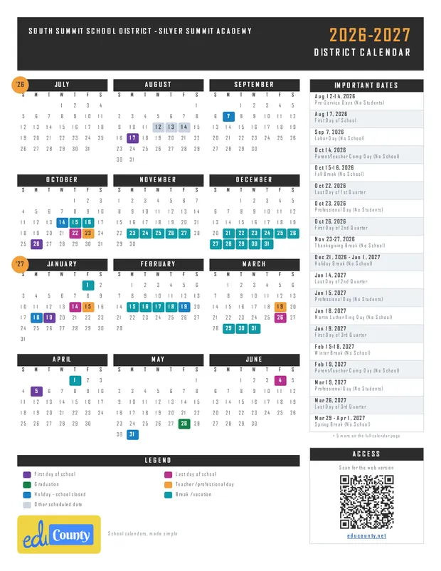 South Summit School District - Silver Summit Academy printable 2026-27 calendar
