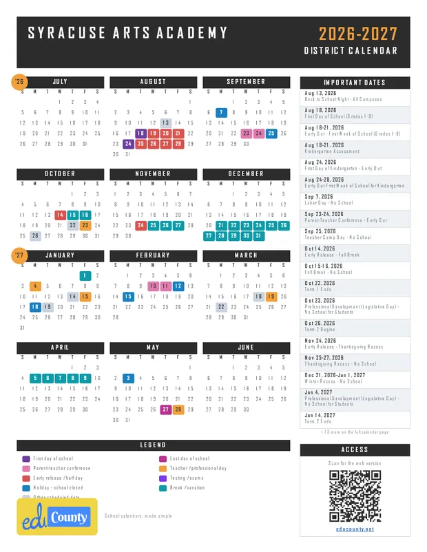 Syracuse Arts Academy printable 2026-27 calendar
