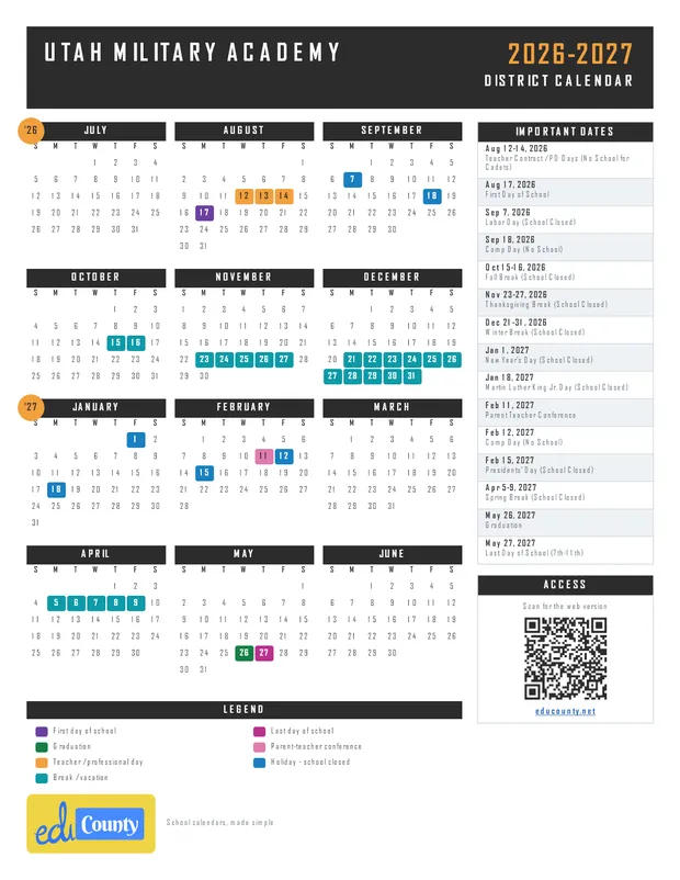 Utah Military Academy printable 2026-27 calendar