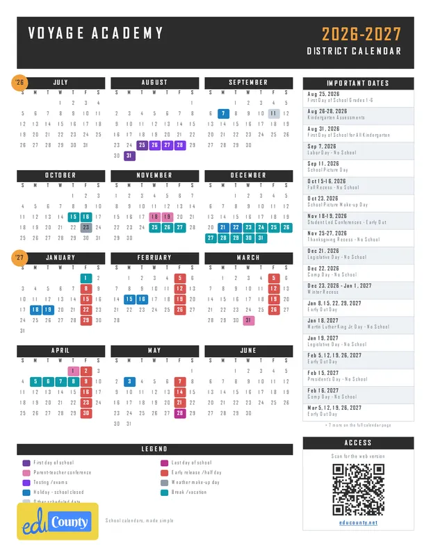 Voyage Academy printable 2026-27 calendar