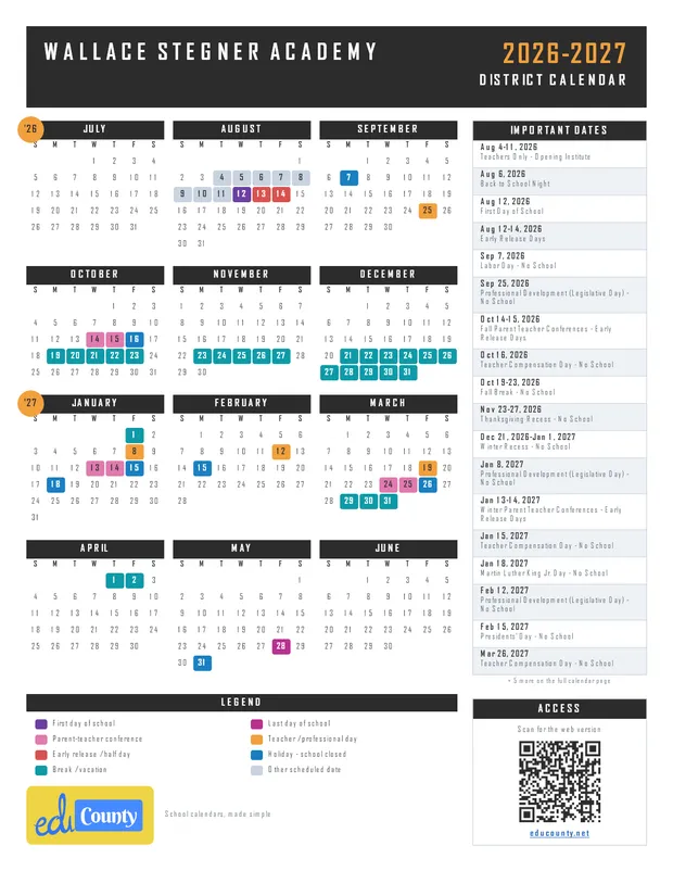 Wallace Stegner Academy printable 2026-27 calendar