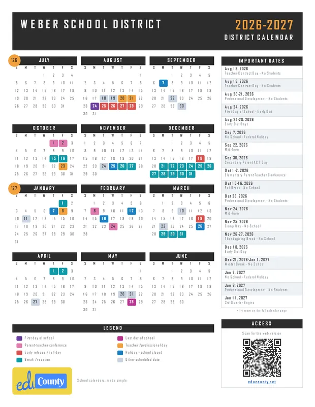 Weber School District printable 2026-27 calendar