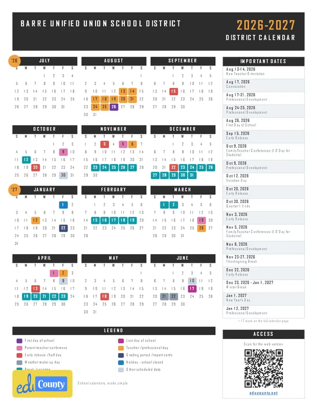 Barre Unified Union School District printable 2026-27 calendar