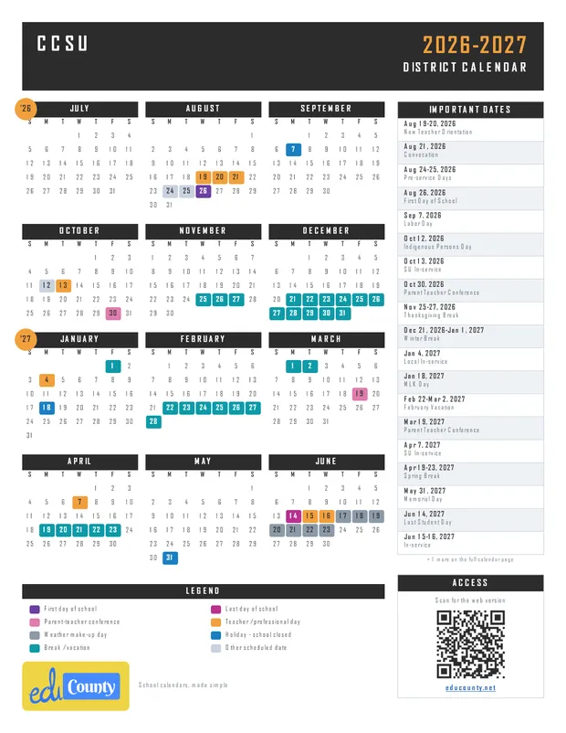 CCSU printable 2026-27 calendar