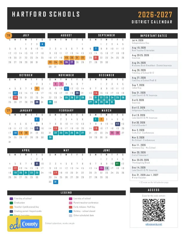 Hartford Schools printable 2026-27 calendar