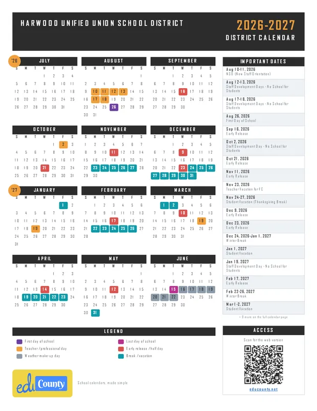 HARWOOD UNIFIED UNION SCHOOL DISTRICT HUUSD printable 2026-27 calendar