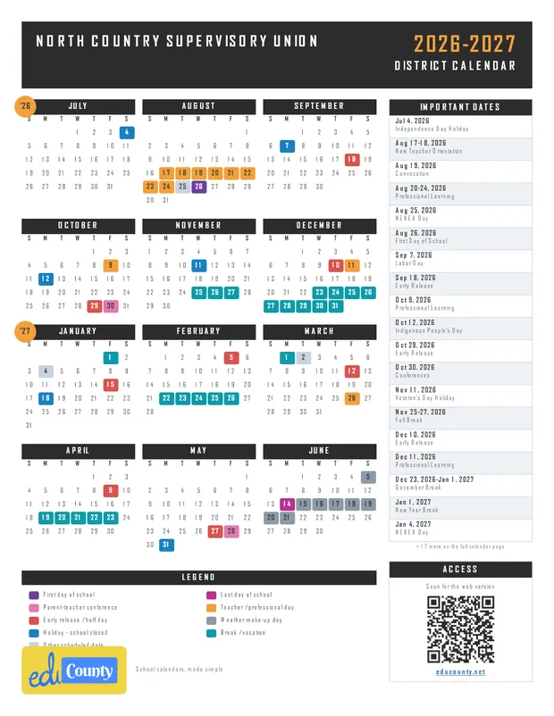 North Country Supervisory Union printable 2026-27 calendar