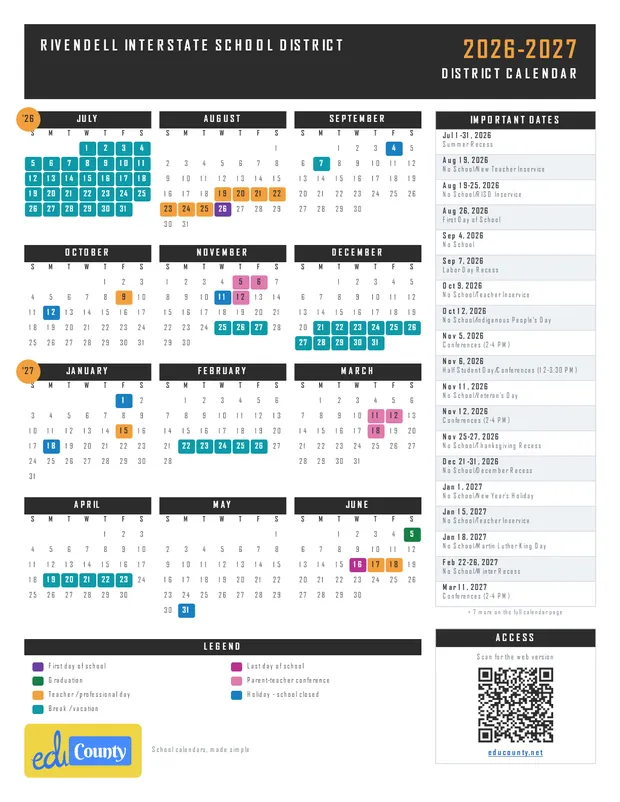Rivendell Interstate School District printable 2026-27 calendar