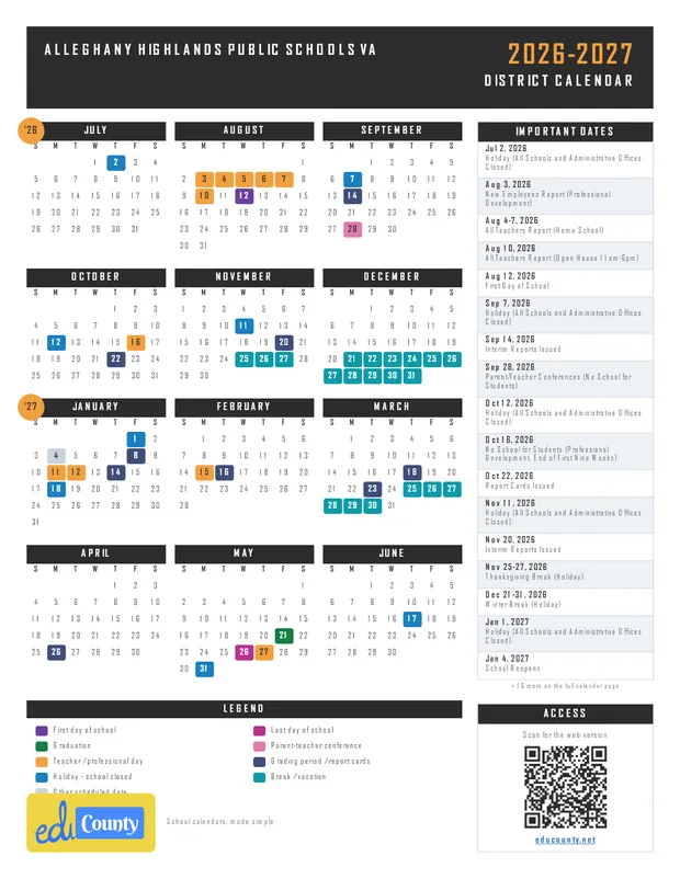 Alleghany Highlands Public Schools printable 2026-27 calendar