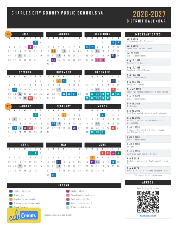 Charles City County Public Schools printable 2026-27 calendar