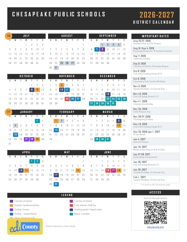 Chesapeake Public Schools printable 2026-27 calendar